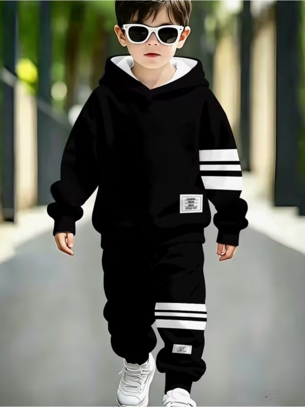 Boys two piece Black Hoodie & Jogger Set with White Stripes